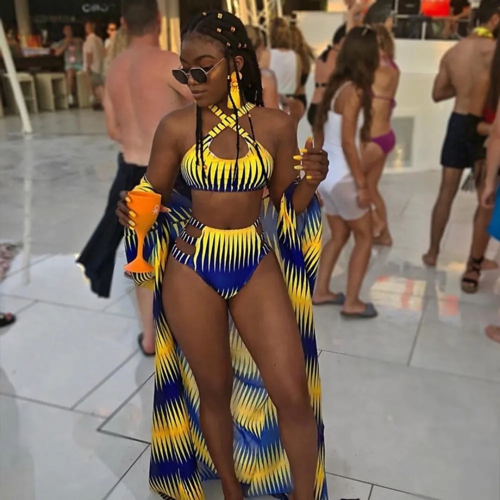 Yellow & Navy Blue Zigzag Bikini Set with Matching Cover-Up